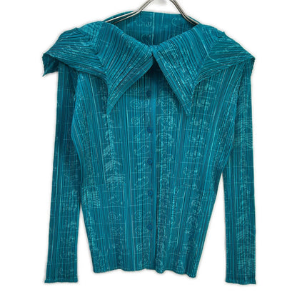 PLEATS PLEASE PP71-JJ712 Light Blue Comic-Illustration Design Collared Shirt Blouse Top