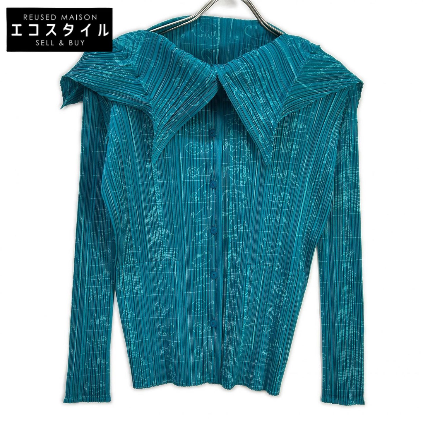 PLEATS PLEASE PP71-JJ712 Light Blue Comic-Illustration Design Collared Shirt Blouse Top