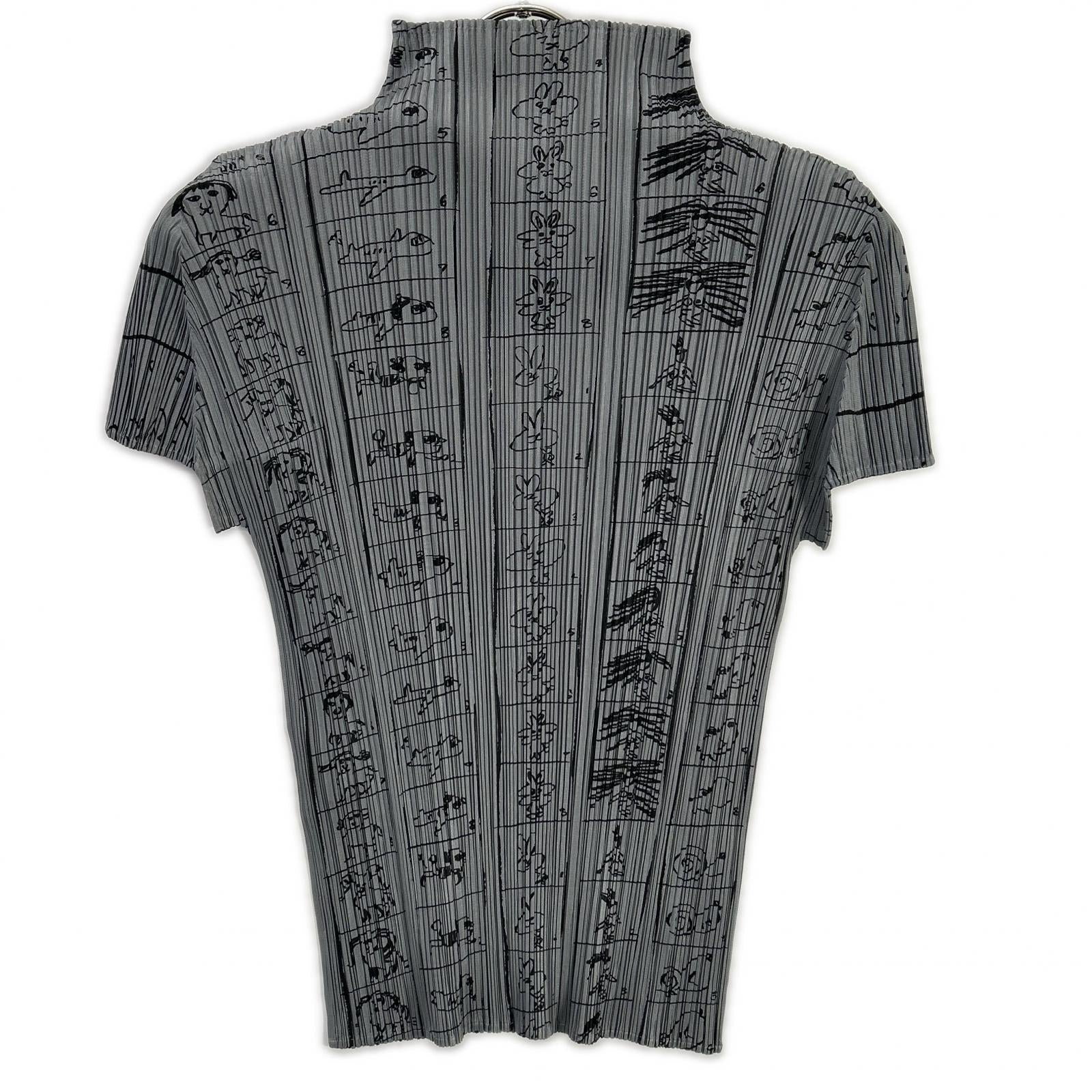 PLEATS PLEASE プリーツプリーズ PP71-JK716 グレー コミックイラストモックネック半袖カットソー トップス