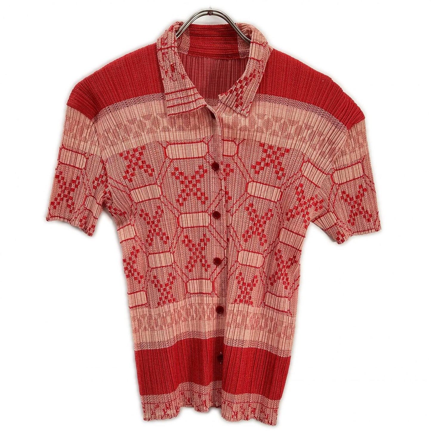 PLEATS PLEASE プリーツプリーズ PP22-JJ832 レッド 総柄半袖ニットシャツ トップス