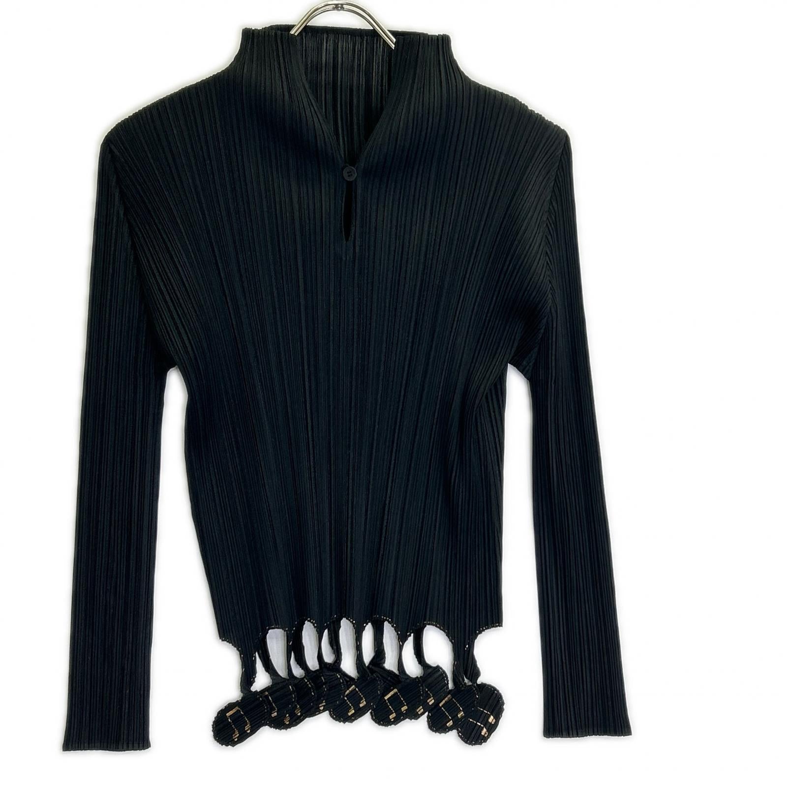 PLEATS PLEASE [excellent condition] PP81-JK502 pleated key-neck long-sleeve top with hem musical-note design, top