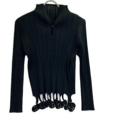 PLEATS PLEASE [excellent condition] PP81-JK502 pleated key-neck long-sleeve top with hem musical-note design, top