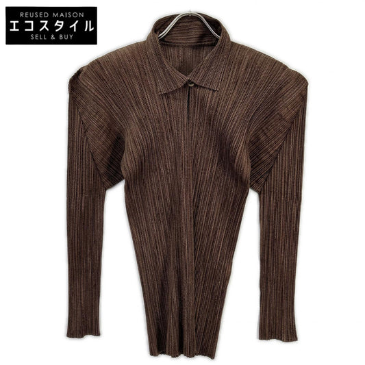 PLEATS PLEASE PP63-JK206 Brown Collared Asymmetrical Long-Sleeve Top Top