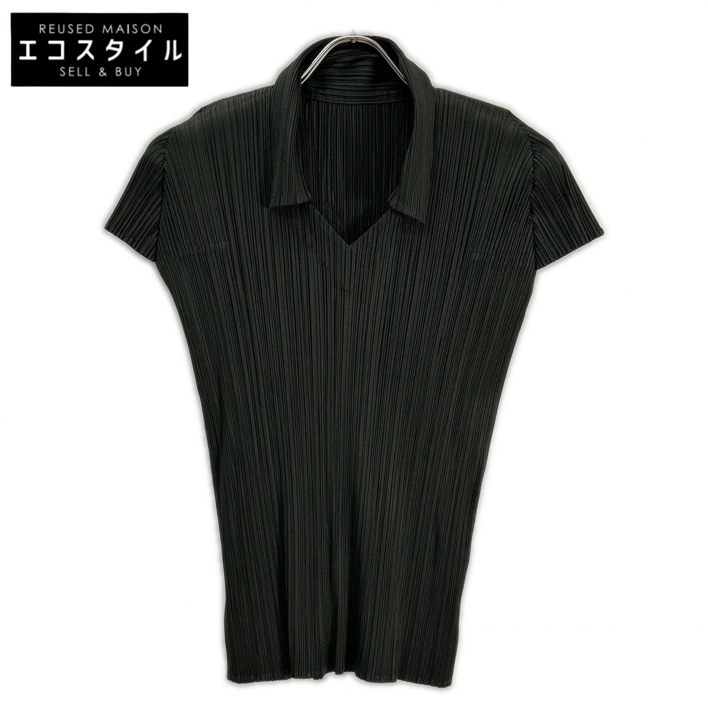 PLEATS PLEASE プリーツプリーズ PP33-JK149 チャコール 襟付きVネック半袖カットソー トップス