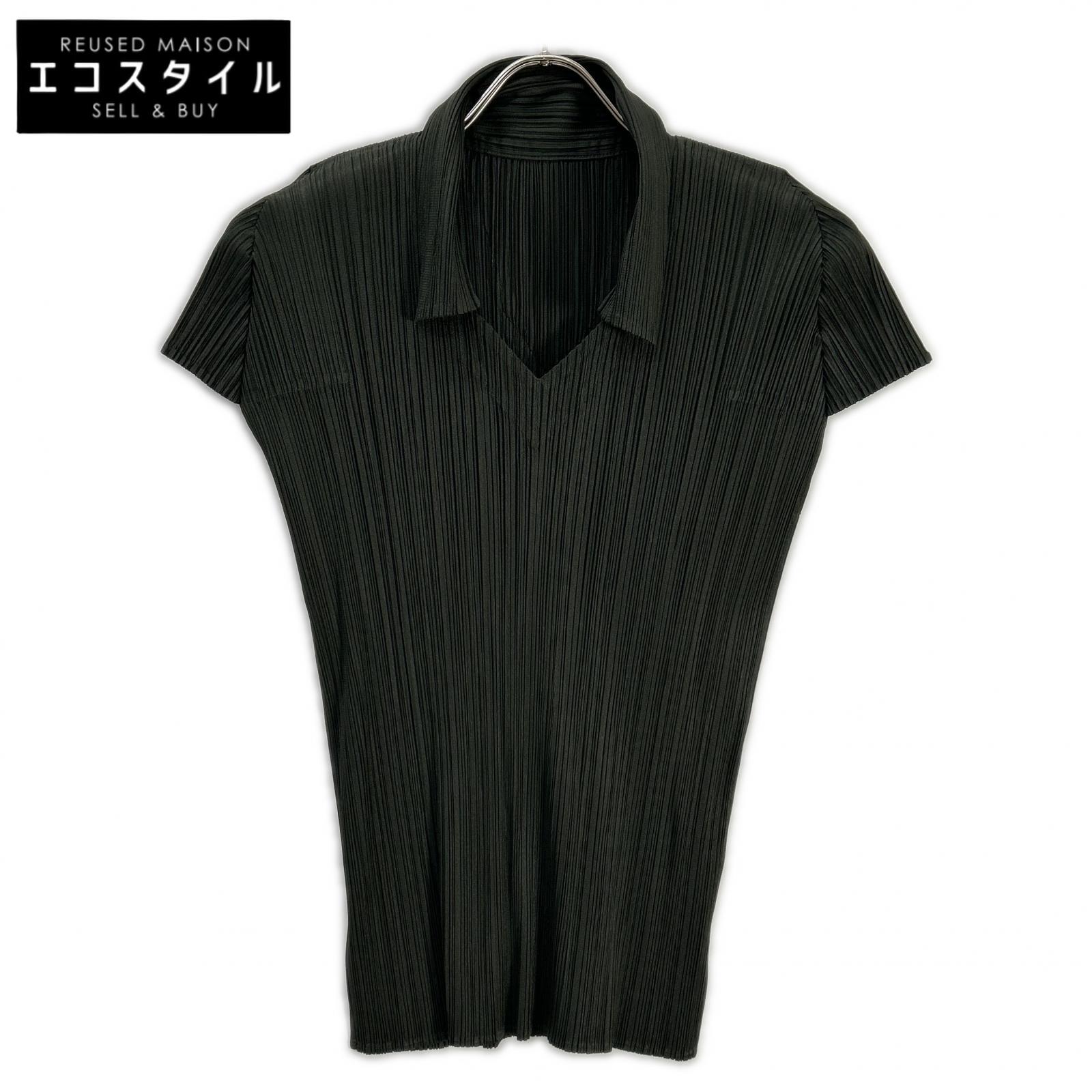 PLEATS PLEASE プリーツプリーズ PP33-JK149 チャコール 襟付きVネック半袖カットソー トップス