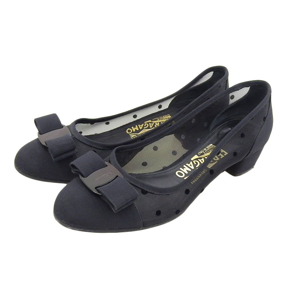 Salvatore Ferragamo Sheer Polka-Dot×Vara Ribbon Pumps Shoes Women's Black 5 1/2 D Shoes