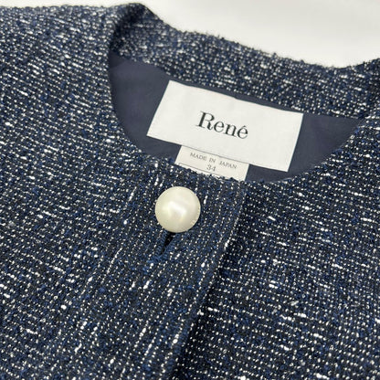 Rene ルネ 6313280 ネイビー レーヨン混 パールボタン ノーカラーツイードジャケット ジャケット