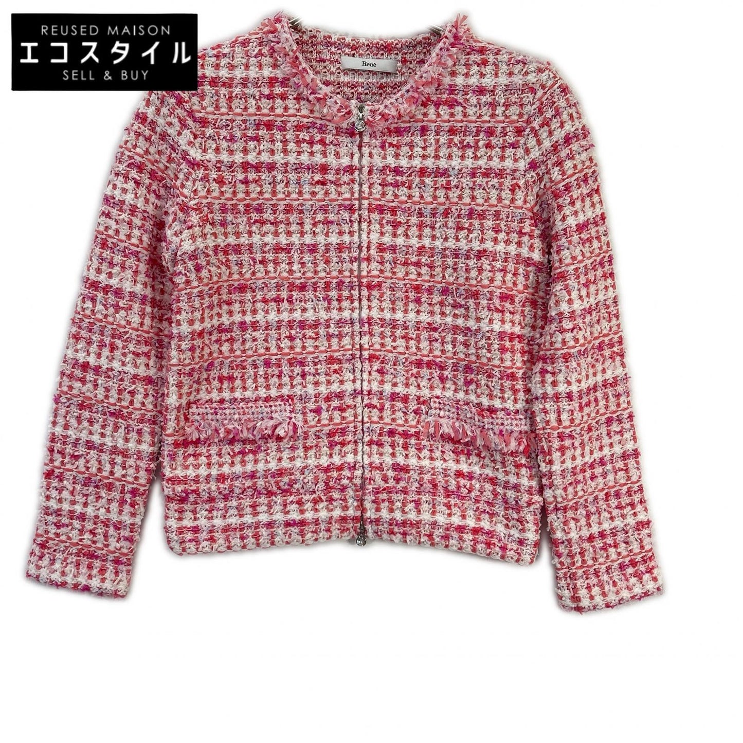 Rene ルネ 24SS 6412270 ピンク×ホワイト ビジュージップ ジップアップ ツイードジャケット ジャケット