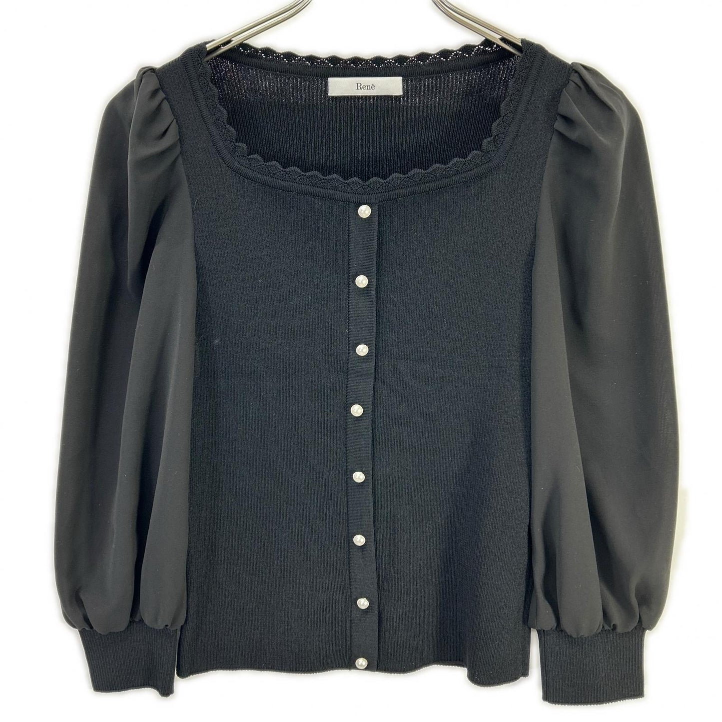 Rene René 6222330 black pearl-button sheer-sleeve knit cardigan, top