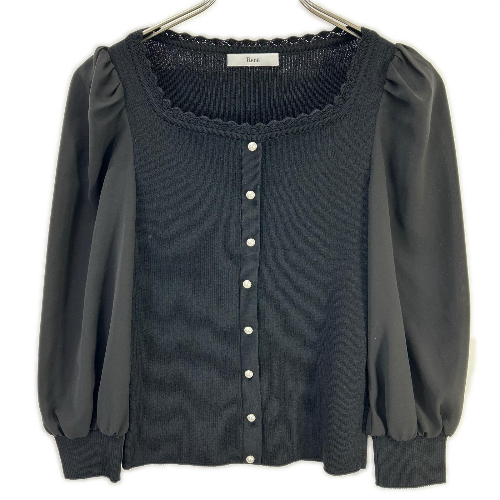 Rene René 6222330 black pearl-button sheer-sleeve knit cardigan, top