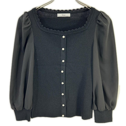 Rene René 6222330 black pearl-button sheer-sleeve knit cardigan, top