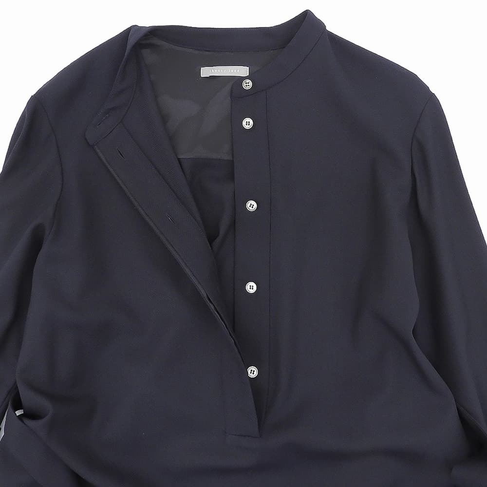 theory luxe セオリーリュクス 美品 ウール混 ハーフボタン ベルテッド ロングスリーブ ワンピース レディース ネイビー 32 03-3305519 ワンピース