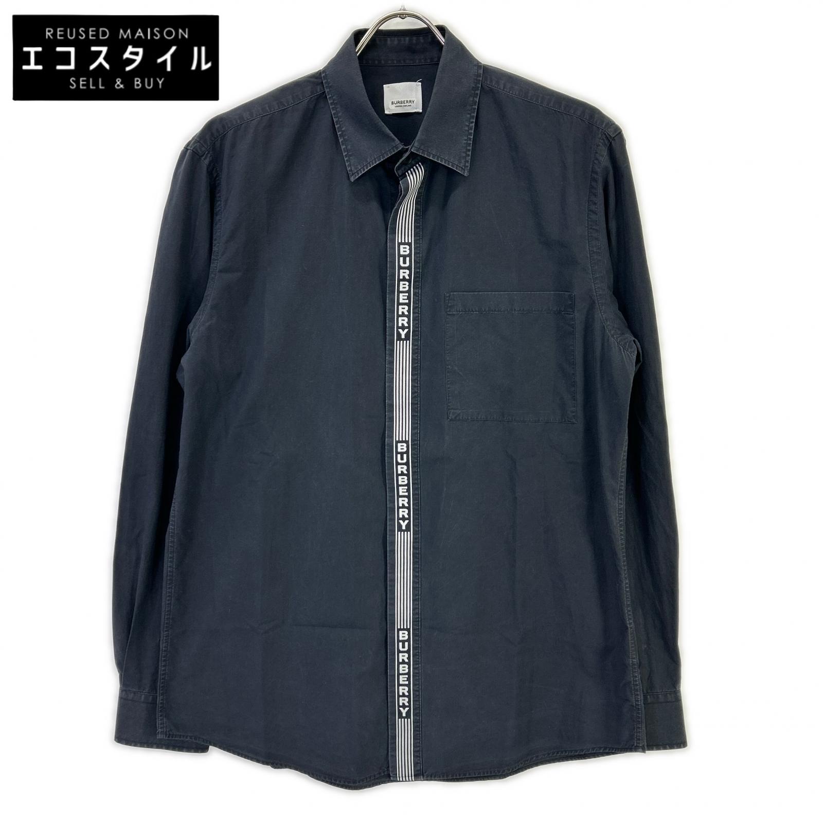BURBERRY バーバリー 8036118 ブラック コットン ストライプロゴラインデザイン ロングスリーブボタンシャツ トップス