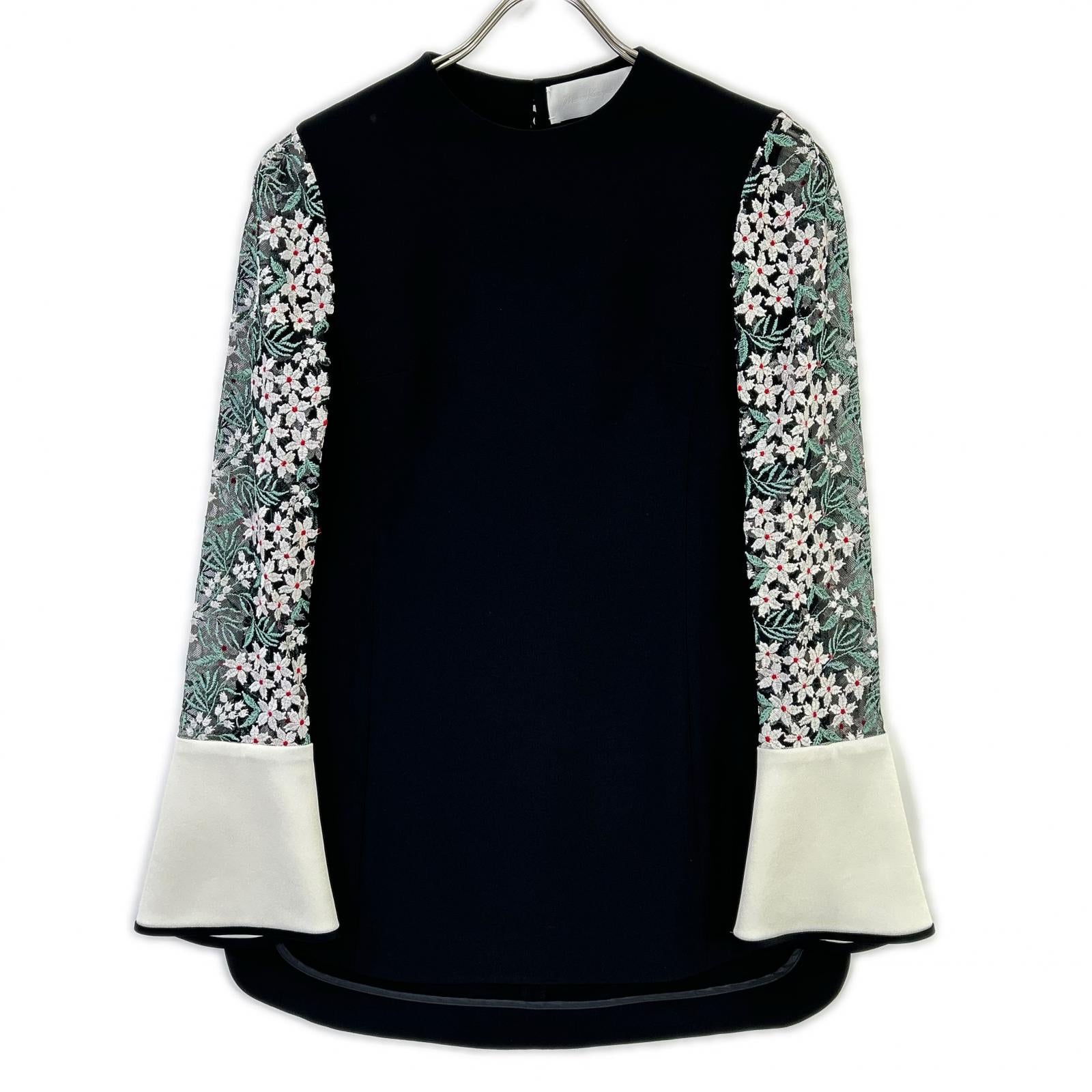 Mame Kurogouchi マメクロゴウチ MM23PS-SH736 ブラック×ホワイト Floral Lace-Sleeve Classic Top/フローラルレースシュリーブ クラシックトップ トップス