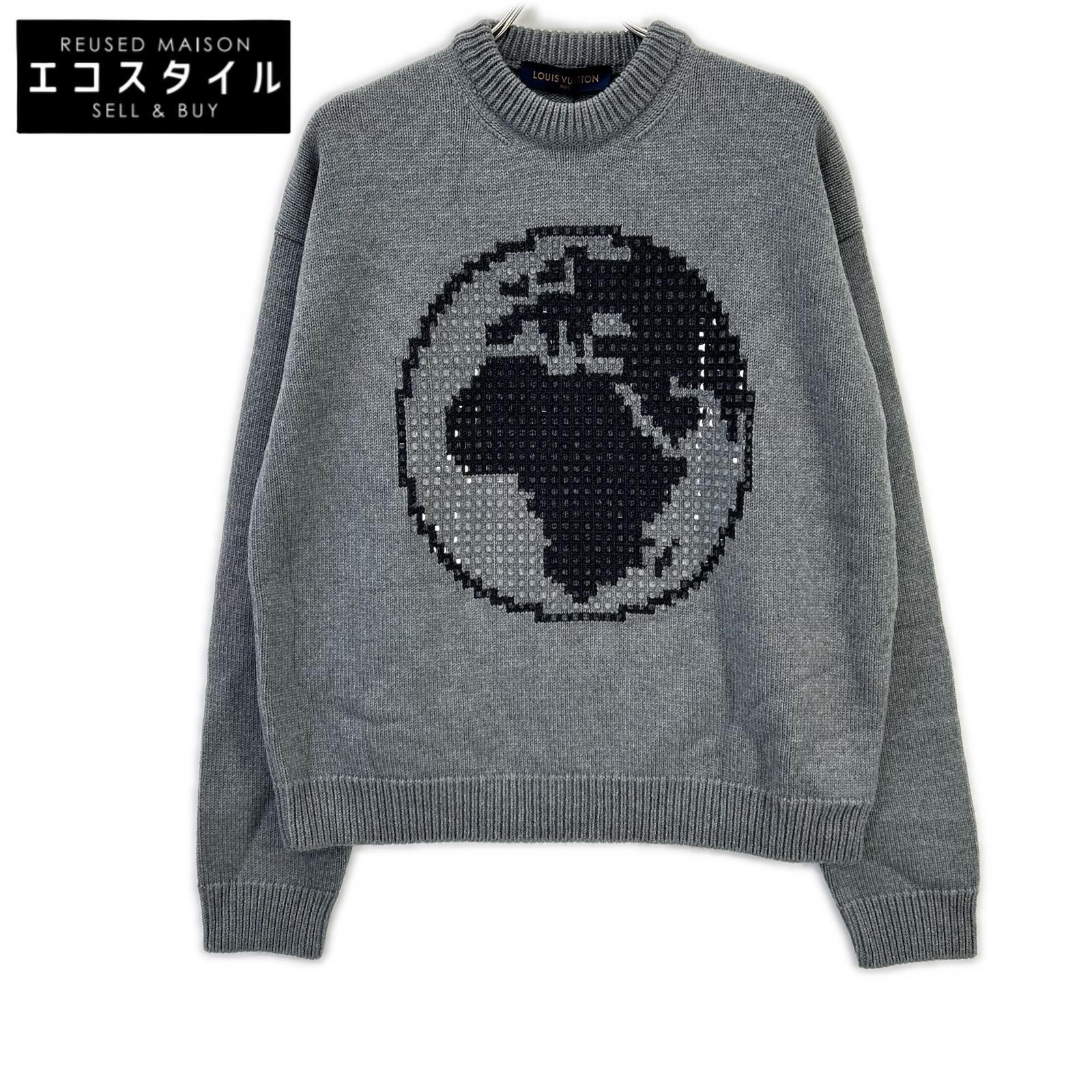 LOUIS VUITTON ルイヴィトン RM192 GVH HHN99W 19AW グレー ウール100 Embellished Globe Intarsia グローバルスタッズ バックロゴクルーネックニット トップス