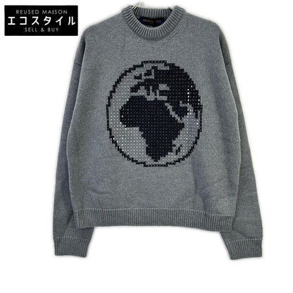LOUIS VUITTON ルイヴィトン RM192 GVH HHN99W 19AW グレー ウール100 Embellished Globe Intarsia グローバルスタッズ バックロゴクルーネックニット トップス