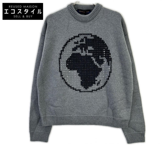 LOUIS VUITTON RM192 GVH HHN99W 19AW Gray 100% Wool Embellished Globe Intarsia Global Stud Back-Logo Crew-Neck Knit, Top
