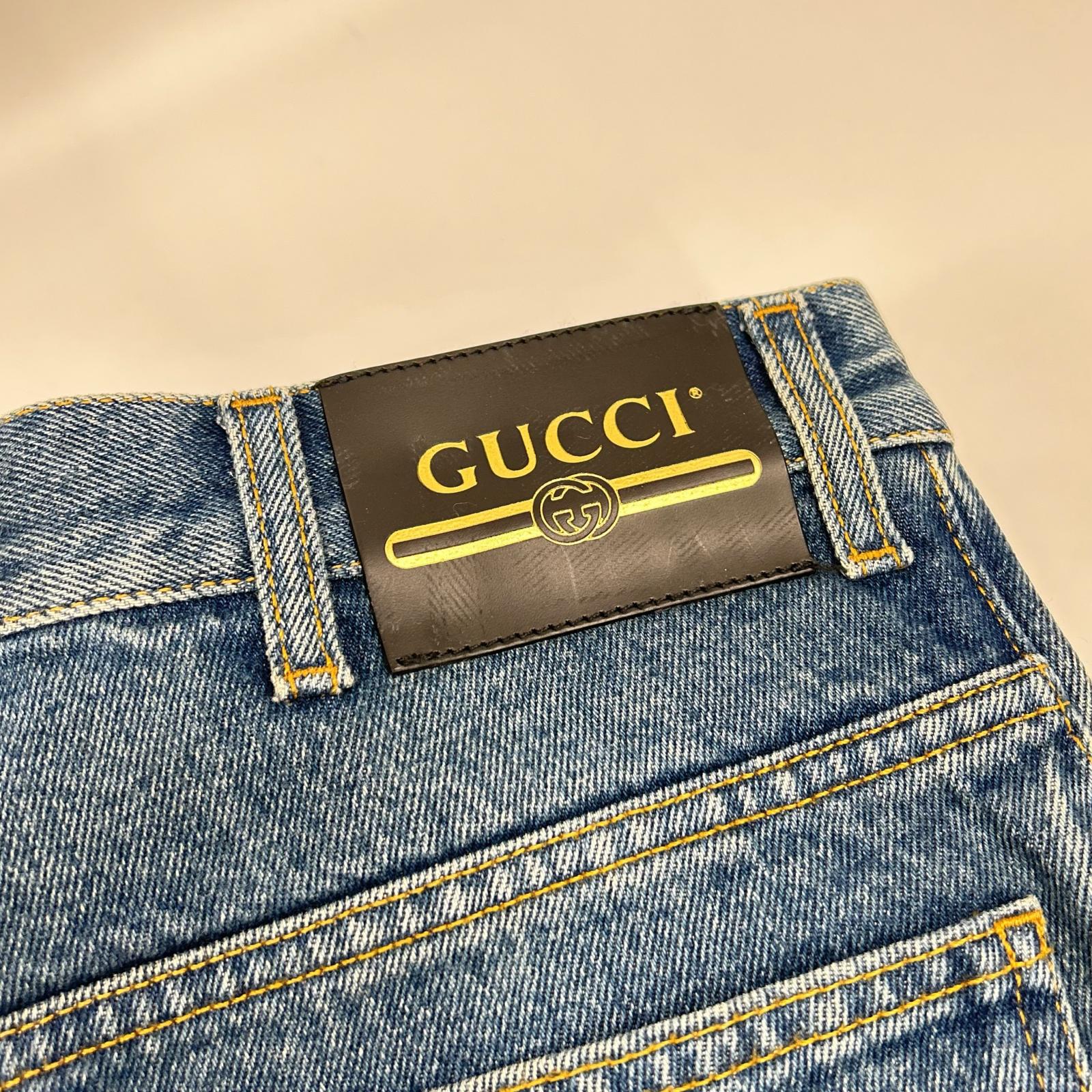 GUCCI グッチ 623953 ライトインディゴ レザーパッチ ストレートデニムパンツ ボトムス
