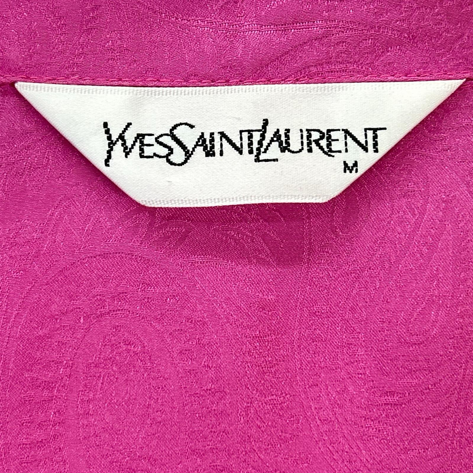 YvesSaintLaurent イヴサンローラン ピンク 胸元刺繍 シルク100 ペイズリー オープンカラーシャツ トップス