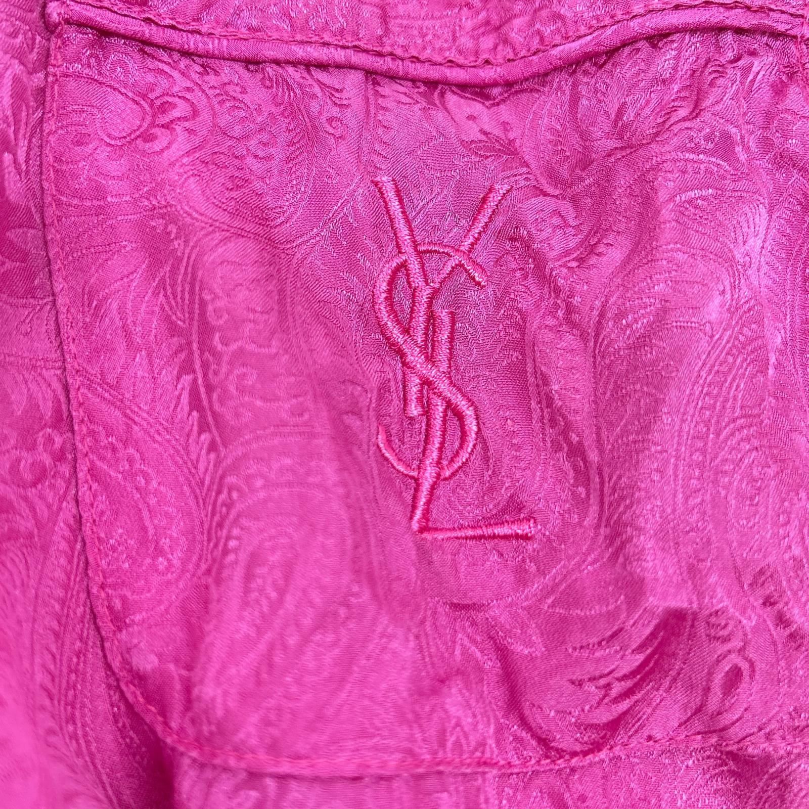 YvesSaintLaurent イヴサンローラン ピンク 胸元刺繍 シルク100 ペイズリー オープンカラーシャツ トップス