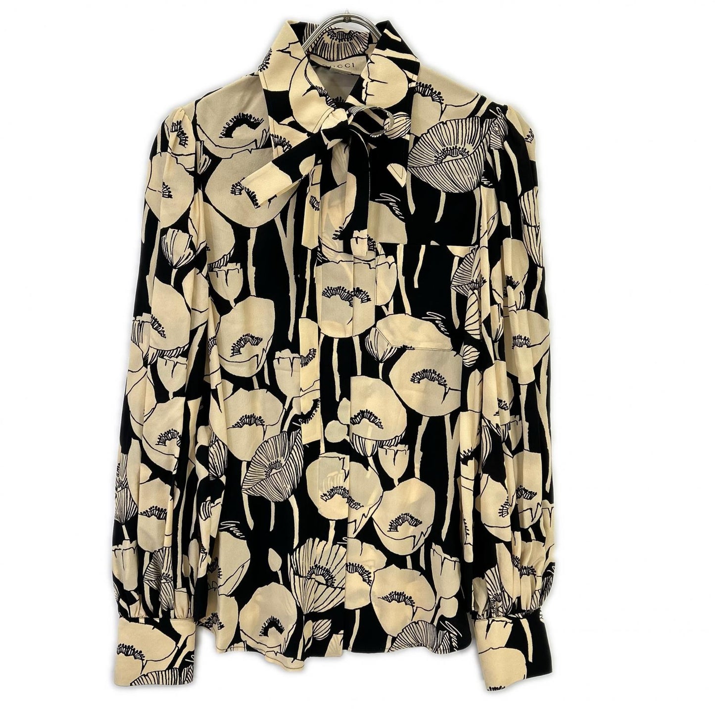 GUCCI グッチ 652693 ベージュ×ブラック ポピープリントシルクシャツ トップス