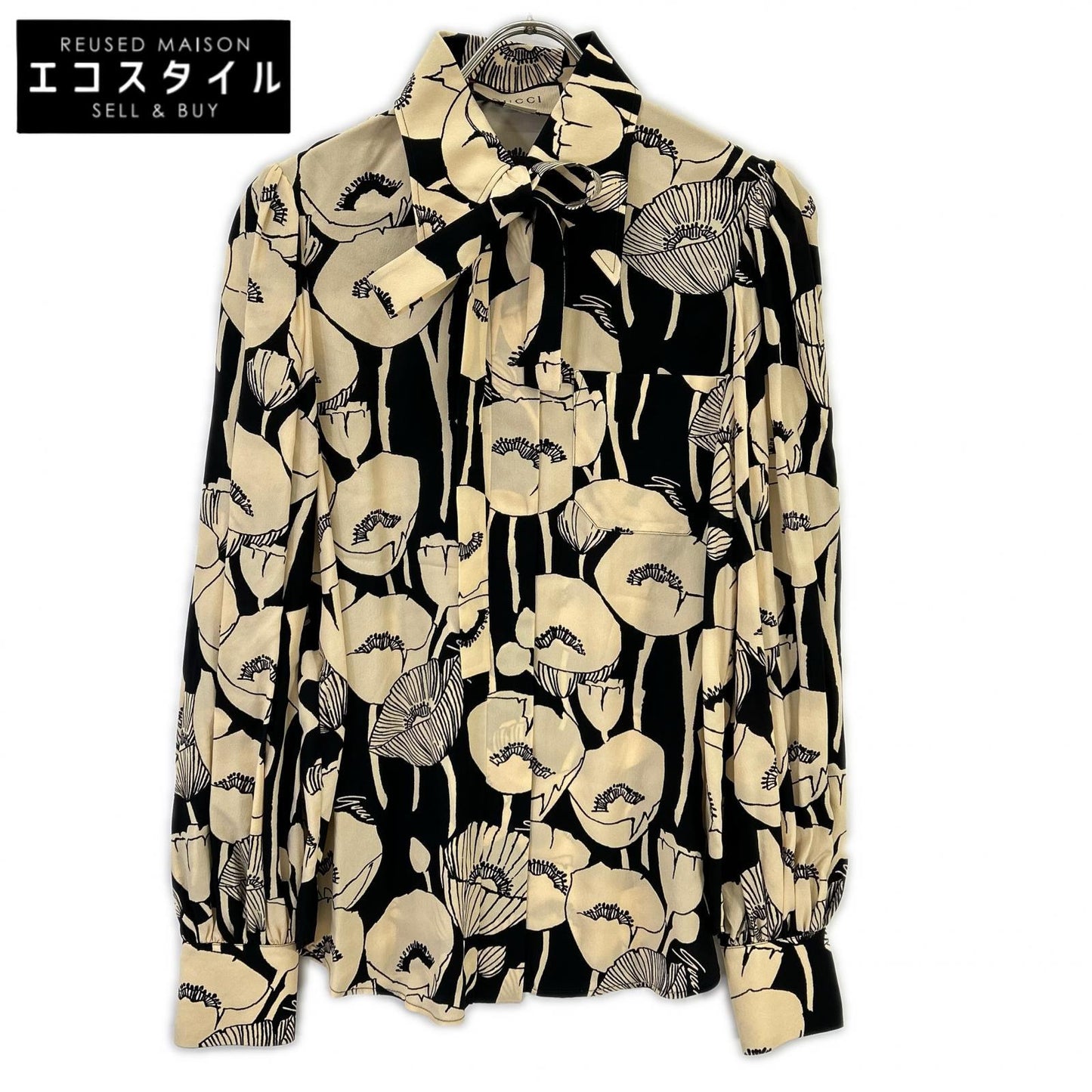 GUCCI グッチ 652693 ベージュ×ブラック ポピープリントシルクシャツ トップス