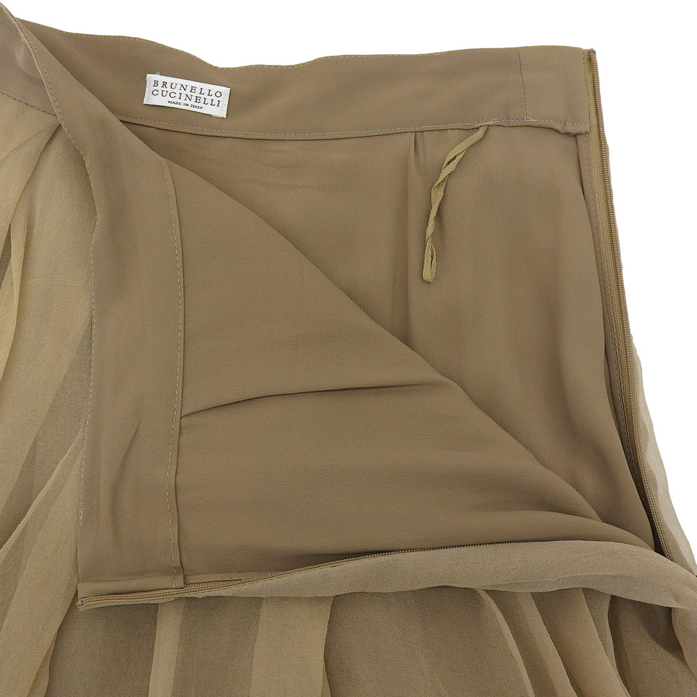 BRUNELLO CUCINELLI Sheer Pleated Skirt for Women Khaki 38 100% Silk Skirt