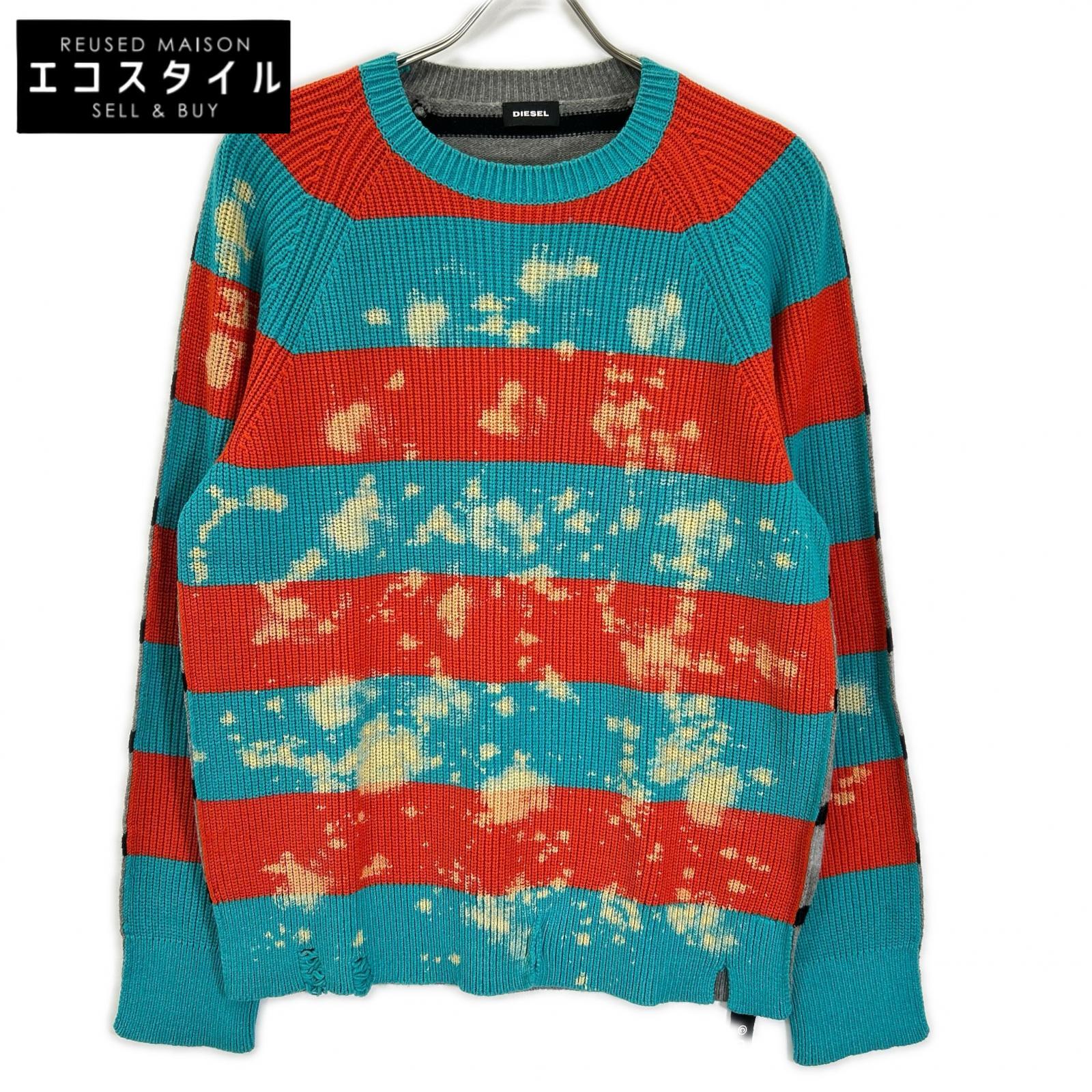DIESEL ディーゼル A01760-0IBAX オレンジ×ブルー ブリーチ加工 クルーネック ニット トップス