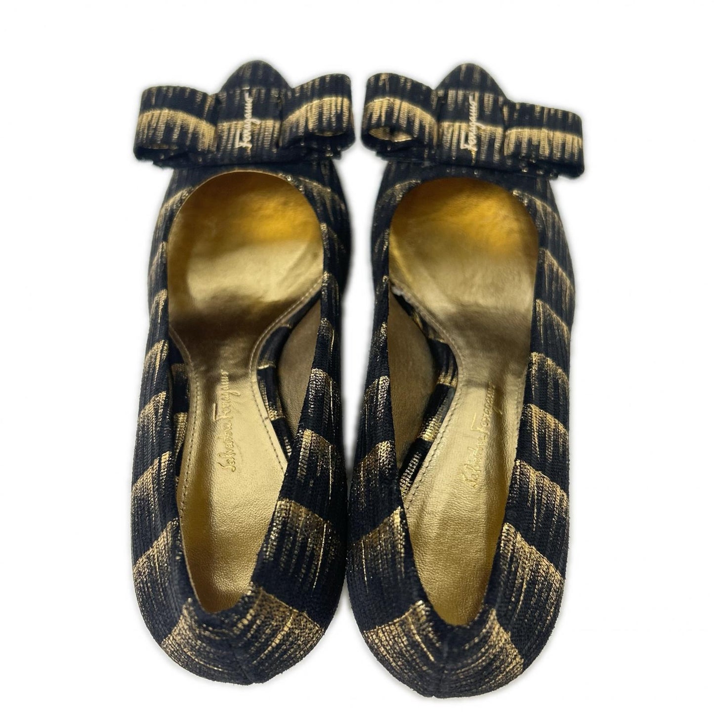 SalvatoreFerragamo サルバトーレフェラガモ 【新品同様】メタル ヴァラリボン チャンキーヒール パンプス シューズ