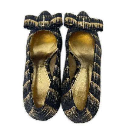 SalvatoreFerragamo サルバトーレフェラガモ 【新品同様】メタル ヴァラリボン チャンキーヒール パンプス シューズ