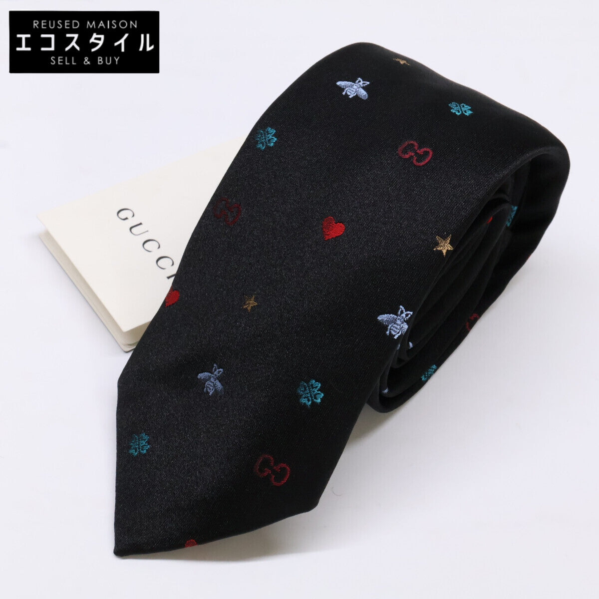 GUCCI グッチ 【新品同様/国内正規】571819 4E002 SYMBOLS シンボルズ モチーフデザイン シルク ナロータイ/ ネクタイ