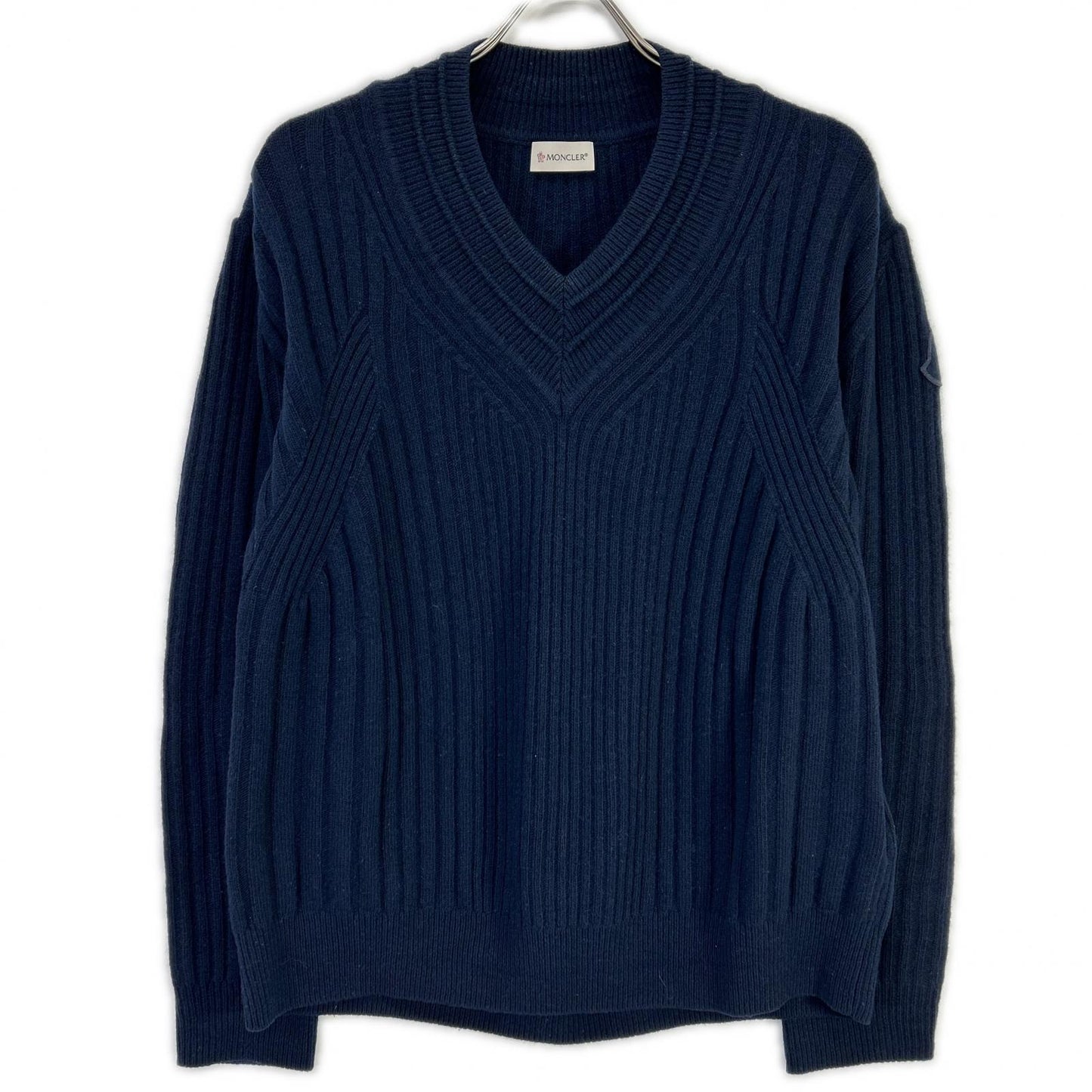 MONCLER モンクレール 22年製 SCOLLO A V TRICOT ネイビー ウール100 Vネック ロゴワッペン ニットプルオーバー トップス