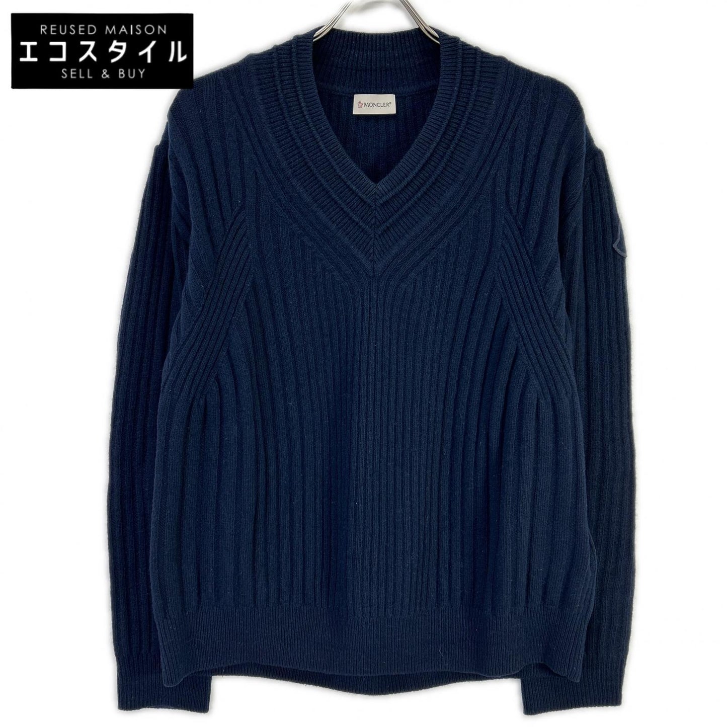 MONCLER モンクレール 22年製 SCOLLO A V TRICOT ネイビー ウール100 Vネック ロゴワッペン ニットプルオーバー トップス