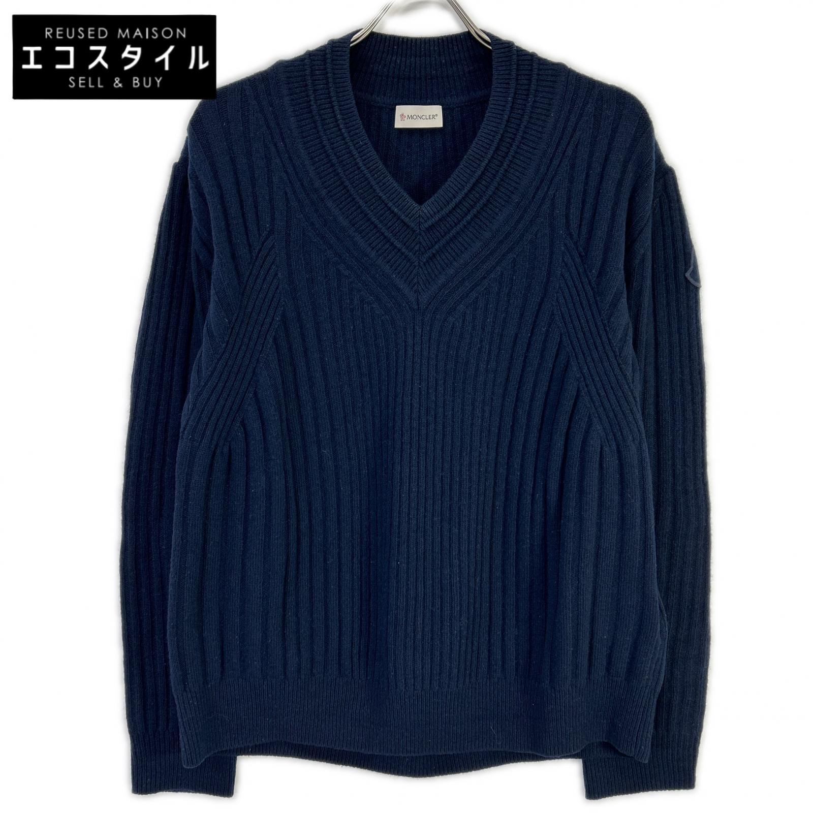 MONCLER モンクレール 22年製 SCOLLO A V TRICOT ネイビー ウール100 Vネック ロゴワッペン ニットプルオーバー トップス