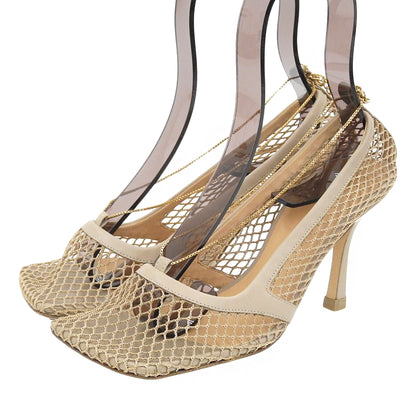 BOTTEGA VENETA ボッテガヴェネタ 美品 メッシュ×レザー スクエアトゥストレッチチェーンパンプス シューズ ベージュ 36 1/2 578321 シューズ
