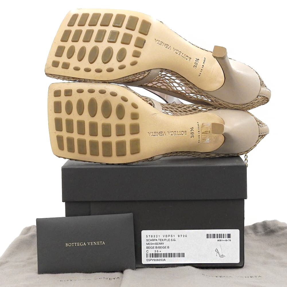 BOTTEGA VENETA ボッテガヴェネタ 美品 メッシュ×レザー スクエアトゥストレッチチェーンパンプス シューズ ベージュ 36 1/2 578321 シューズ