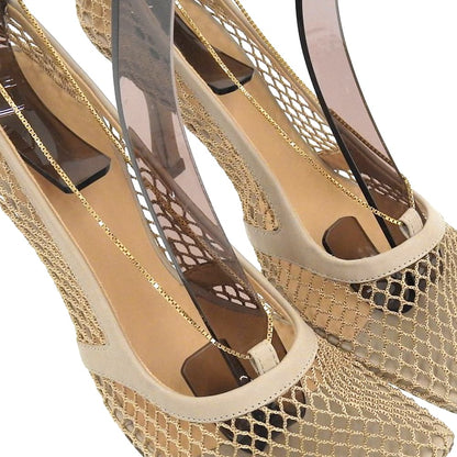 BOTTEGA VENETA ボッテガヴェネタ 美品 メッシュ×レザー スクエアトゥストレッチチェーンパンプス シューズ ベージュ 36 1/2 578321 シューズ