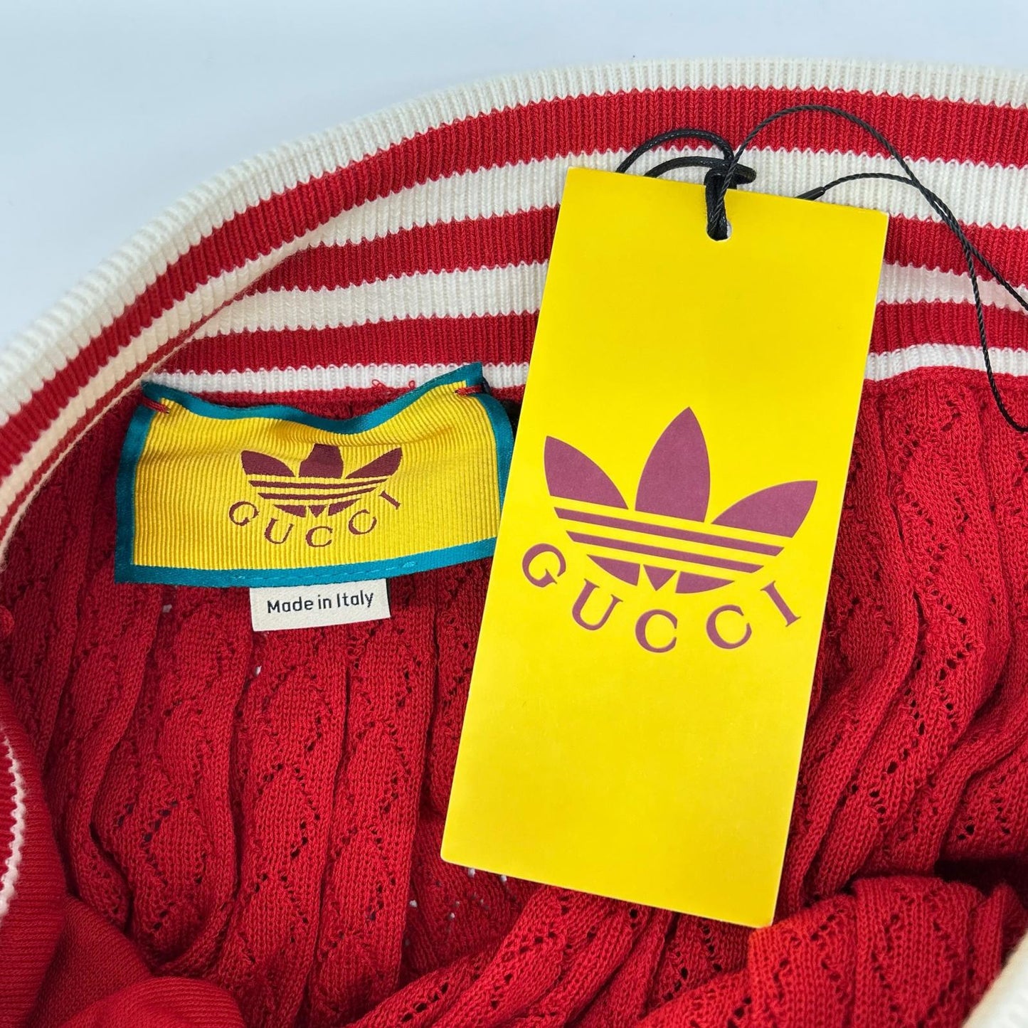 GUCCI グッチ ×アディダス 705767 XKCF8 レッド×ホワイト シルク混 3ストライプ レースプリーツニットワイドパンツ ボトムス