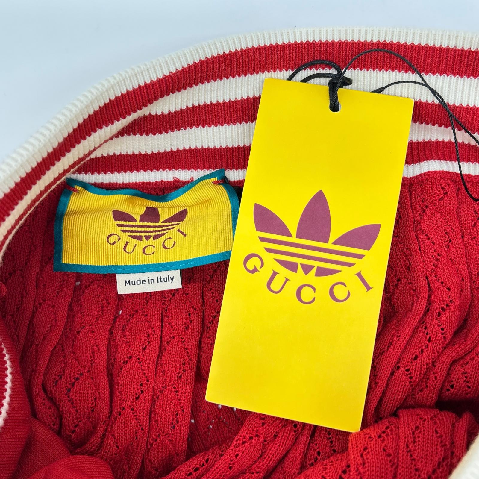 GUCCI グッチ ×アディダス 705767 XKCF8 レッド×ホワイト シルク混 3ストライプ レースプリーツニットワイドパンツ ボトムス