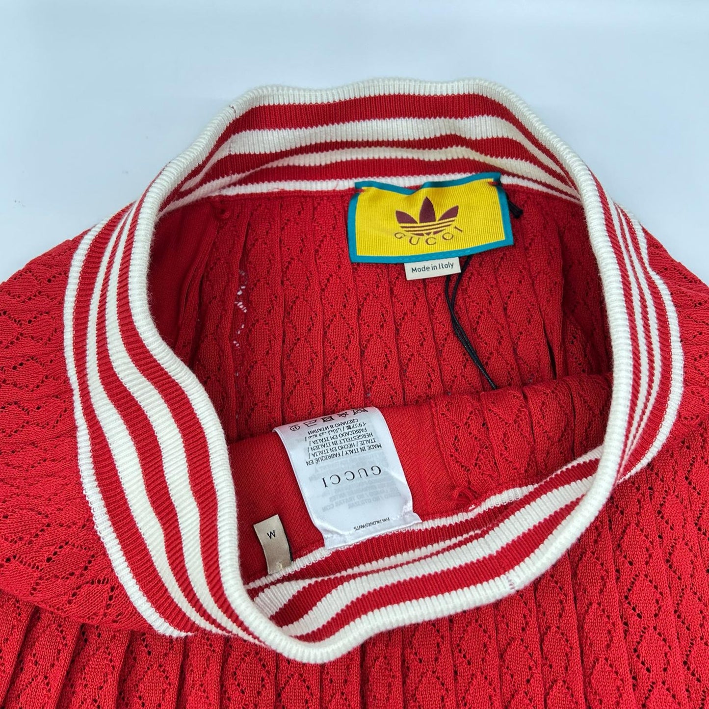 GUCCI グッチ ×アディダス 705767 XKCF8 レッド×ホワイト シルク混 3ストライプ レースプリーツニットワイドパンツ ボトムス
