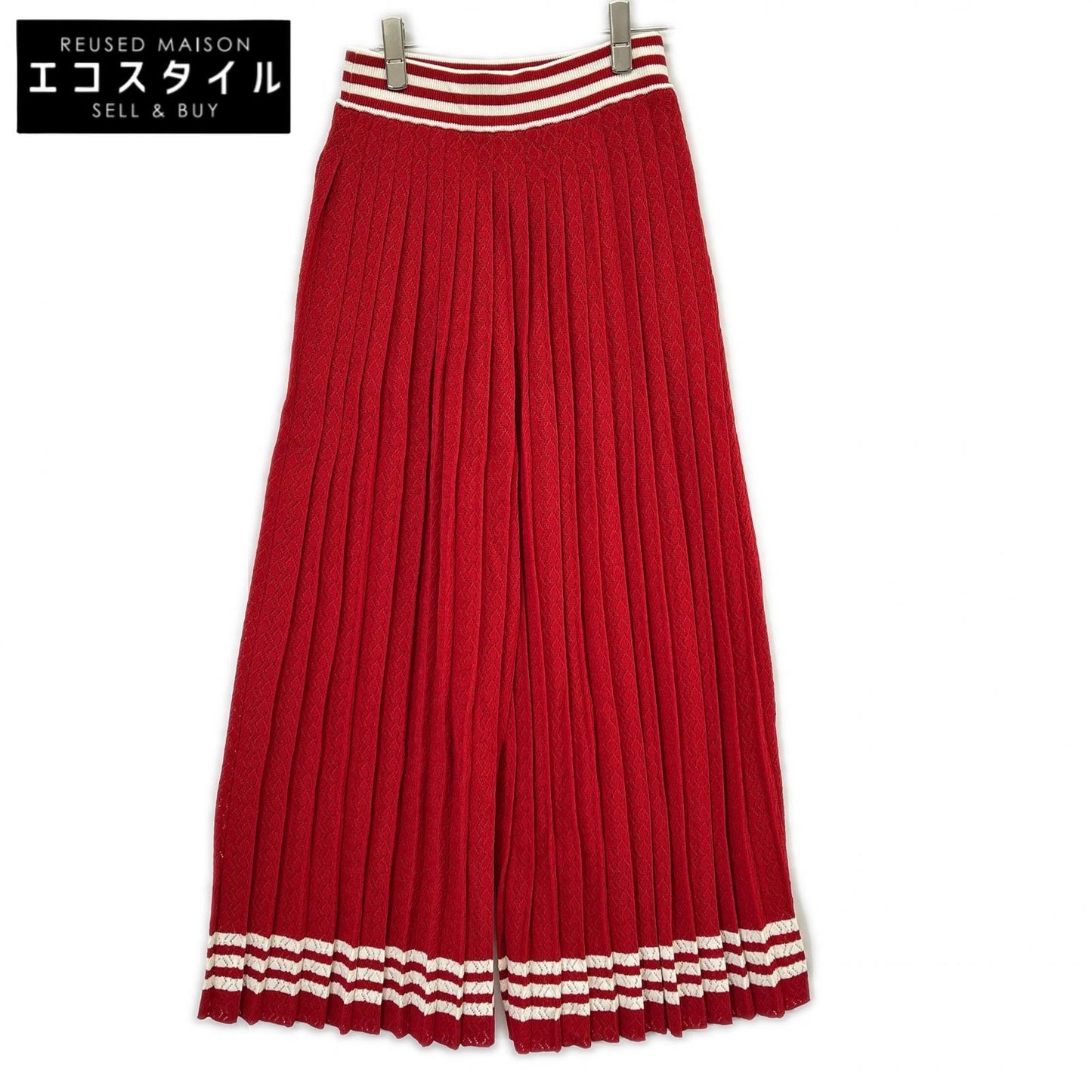GUCCI グッチ ×アディダス 705767 XKCF8 レッド×ホワイト シルク混 3ストライプ レースプリーツニットワイドパンツ ボトムス