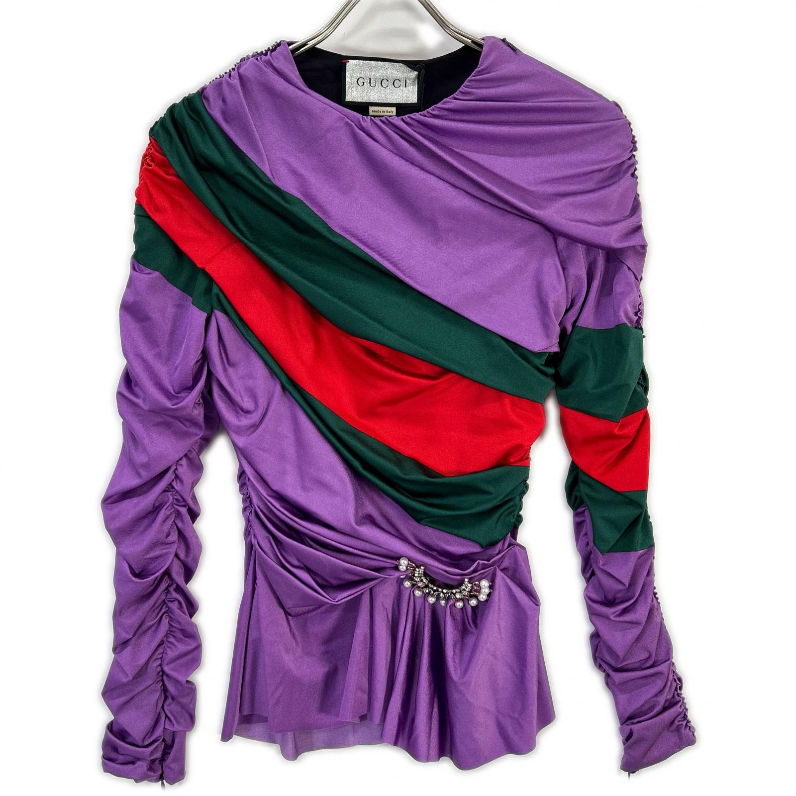 GUCCI グッチ ×BALENCIAGA 【The Hacker Project】677041 ZAH7C パープル ナイロン パール×ラインストーンブローチ ギャザーストレッチブラウス トップス