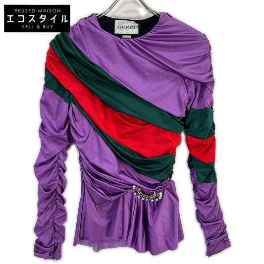GUCCI グッチ ×BALENCIAGA 【The Hacker Project】677041 ZAH7C パープル ナイロン パール×ラインストーンブローチ ギャザーストレッチブラウス トップス