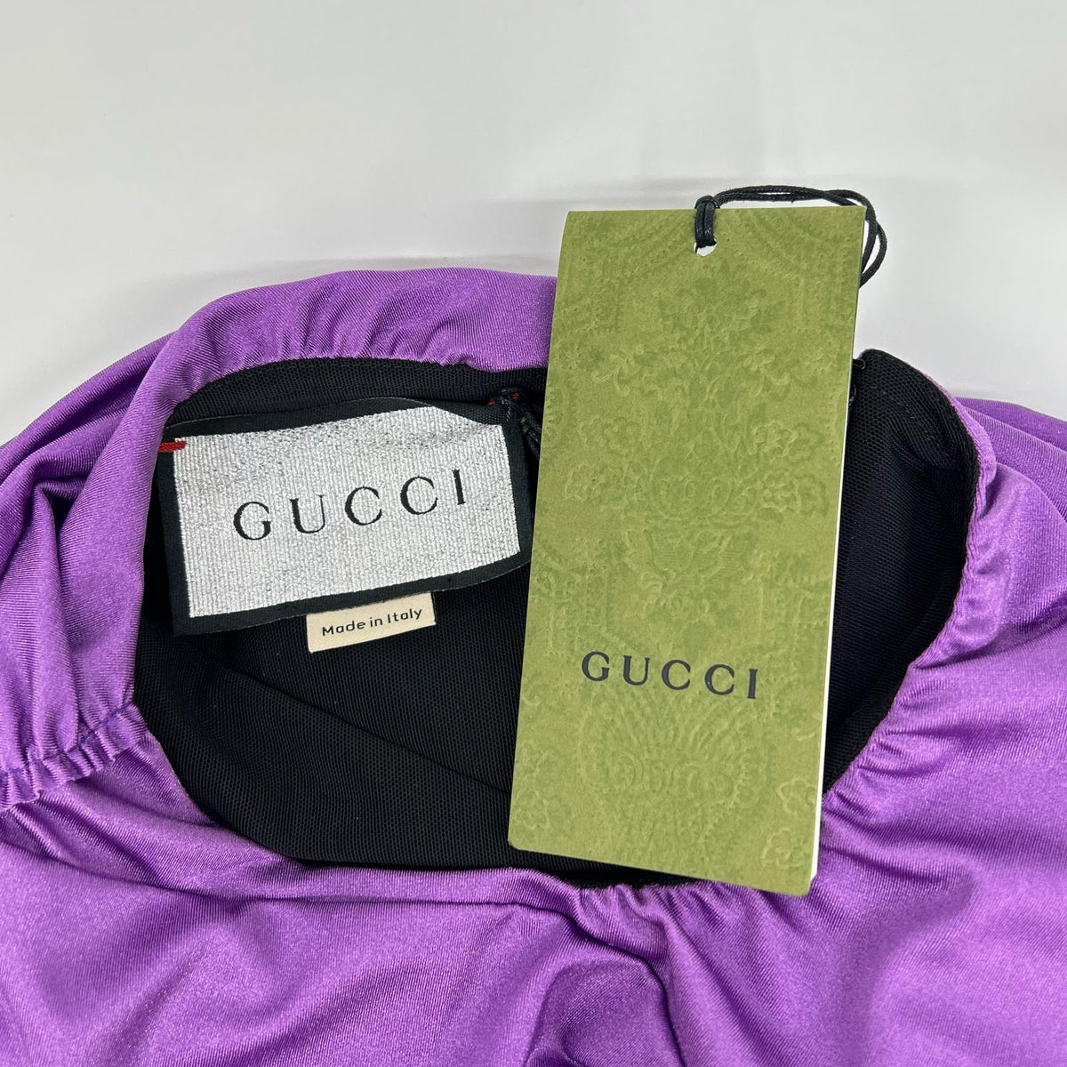 GUCCI グッチ ×BALENCIAGA 【The Hacker Project】677041 ZAH7C パープル ナイロン パール×ラインストーンブローチ ギャザーストレッチブラウス トップス