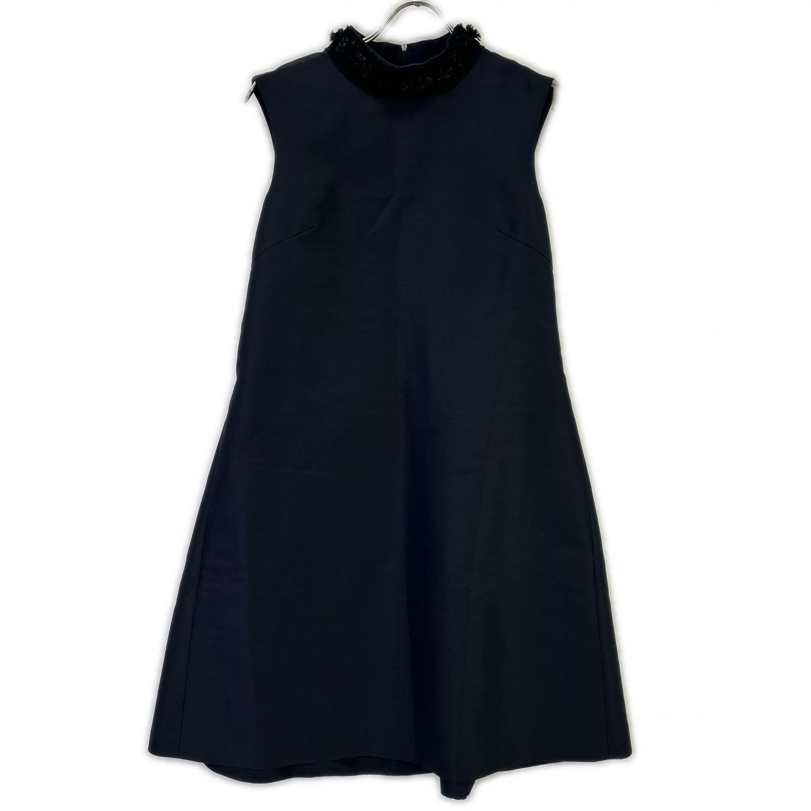 FOXEY フォクシー 40733 ネイビー ウール×シルク バックジップ ノースリーブドレスワンピース ワンピース