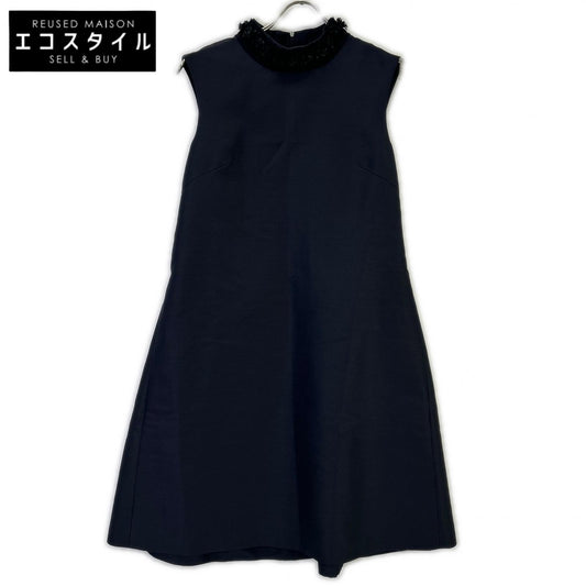 FOXEY フォクシー 40733 ネイビー ウール×シルク バックジップ ノースリーブドレスワンピース ワンピース