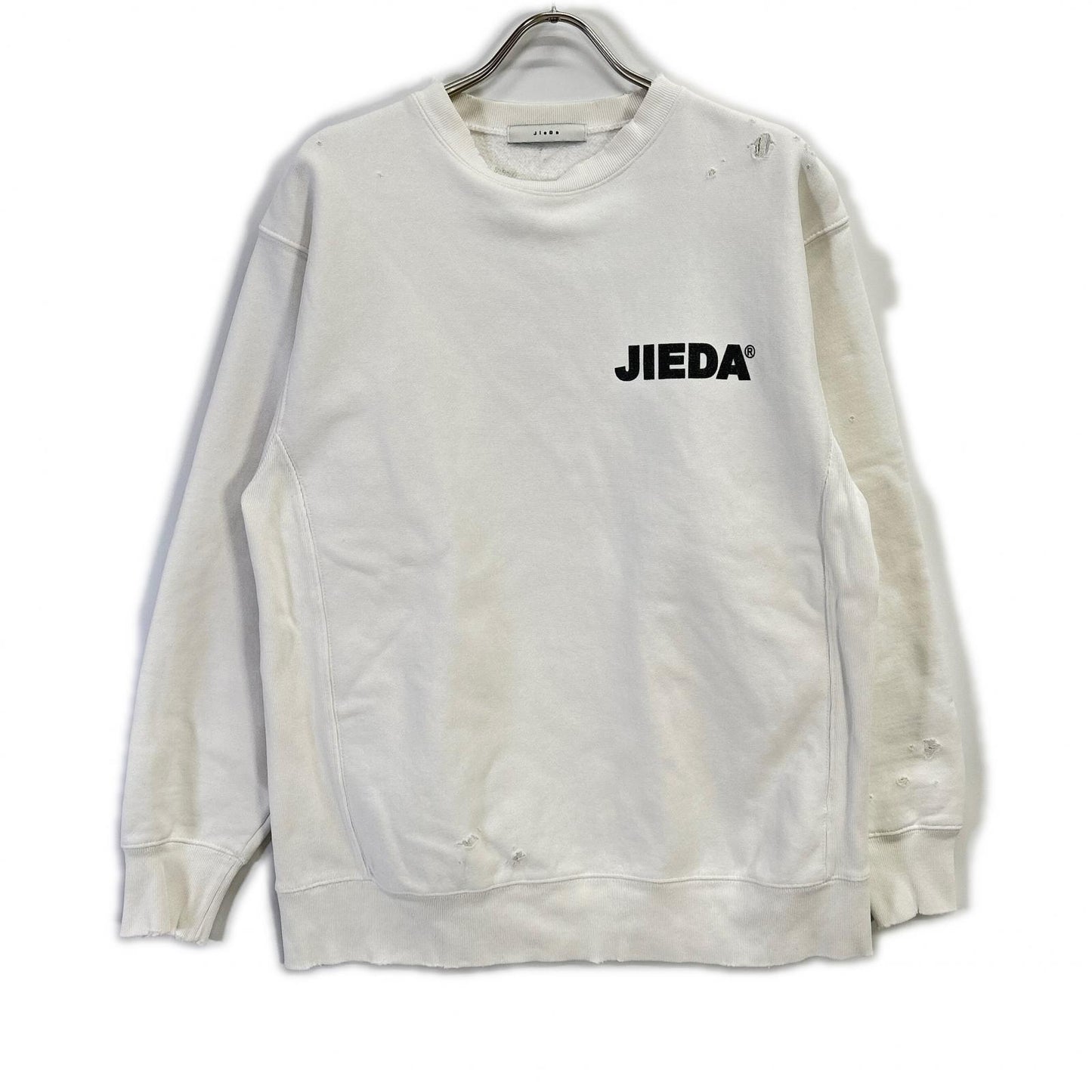 jieDa ジエダ ホワイト コットン ロゴプリント ダメージ スウェットプルオーバー トップス