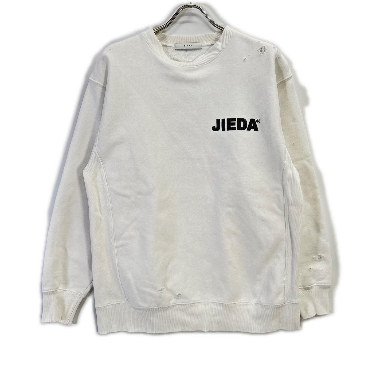 jieDa ジエダ ホワイト コットン ロゴプリント ダメージ スウェットプルオーバー トップス