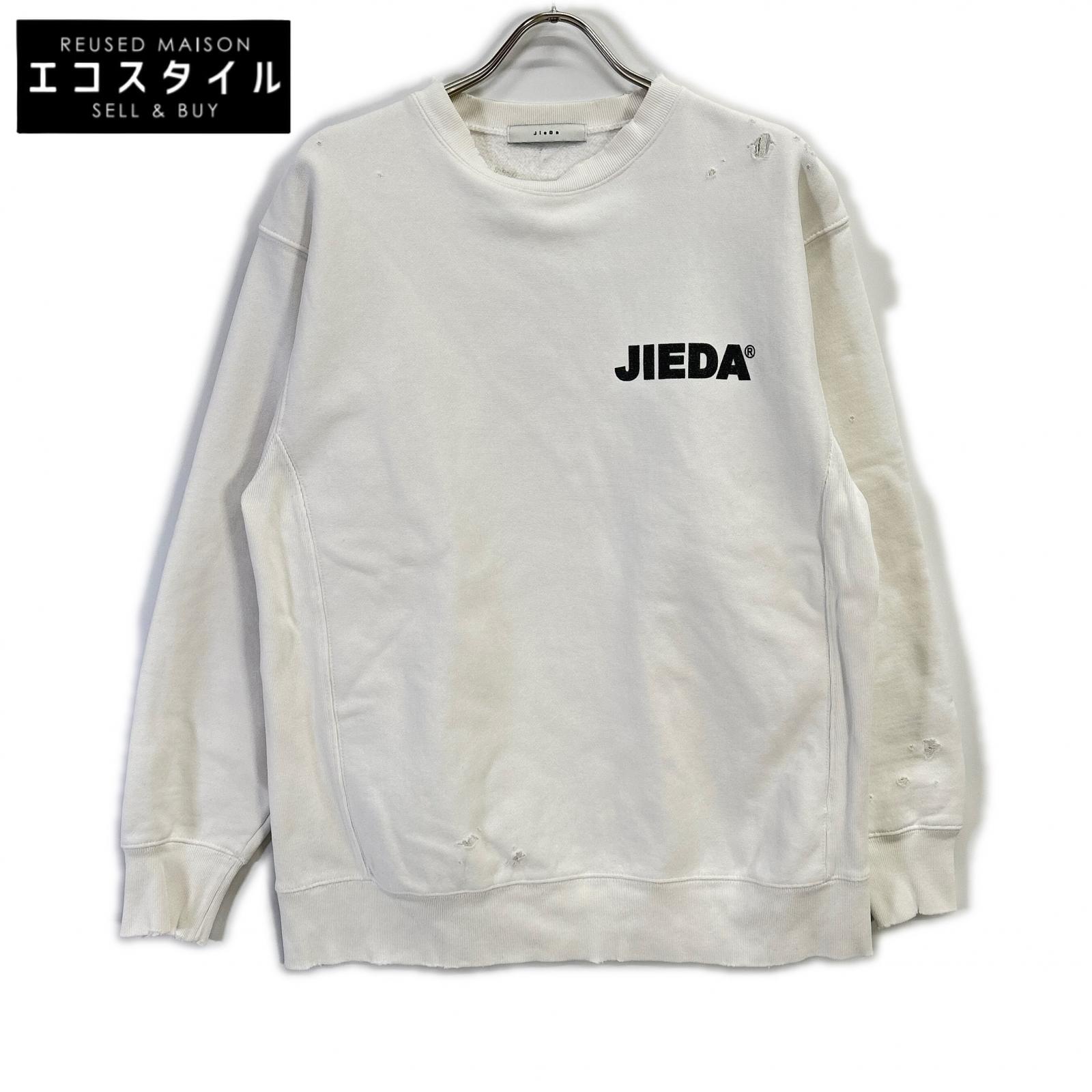 jieDa ジエダ ホワイト コットン ロゴプリント ダメージ スウェットプルオーバー トップス