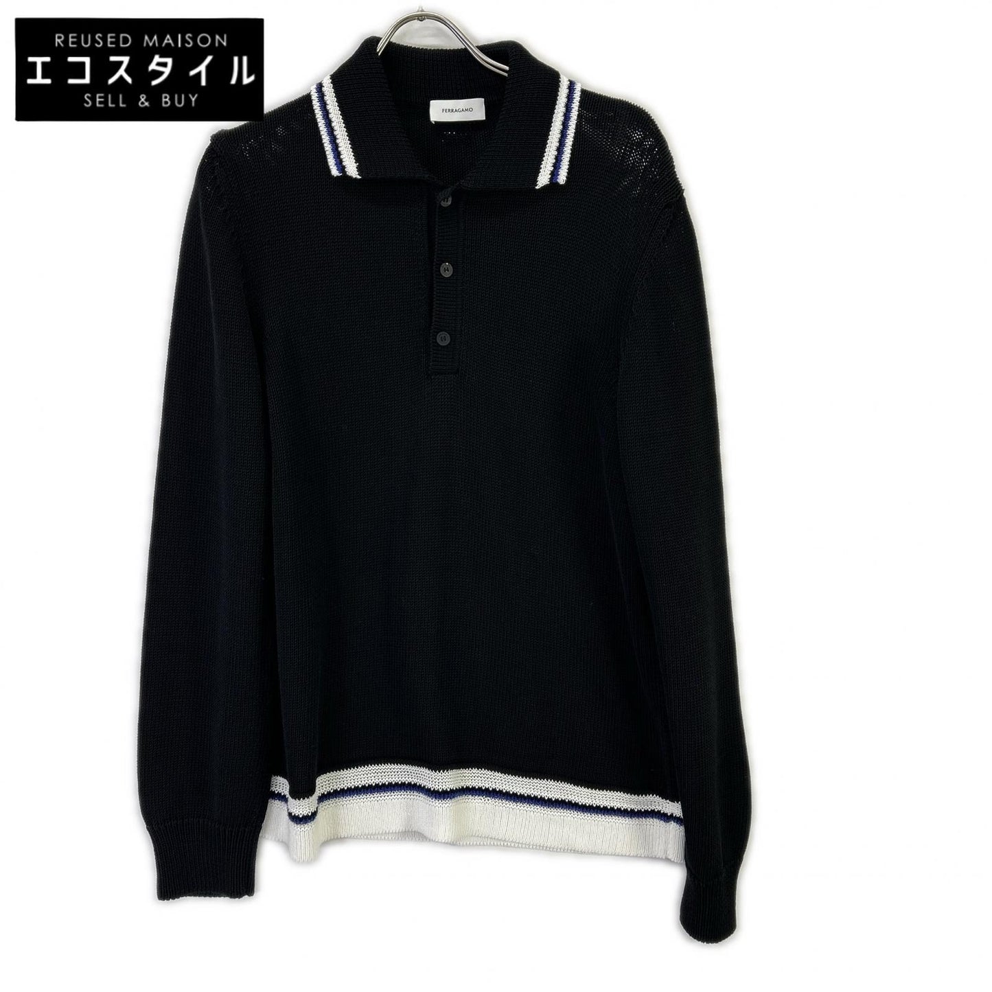 SalvatoreFerragamo サルバトーレフェラガモ 122377 775740 24SS ブラック コットン long-sleeve polo shirt プルオーバーニットポロシャツ トップス